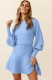 Fall Elegant Blue Knit Skater Dress with Puff Sleeves