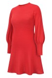 Fall Elegant Red Knit Skater Dress with Puff Sleeves