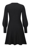 Fall Elegant Black Knit Skater Dress with Puff Sleeves
