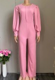 Fall Elegant Puff Sleeve Formal Pink Jumpsuit