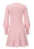 Fall Elegant Pink Knit Skater Dress with Puff Sleeves