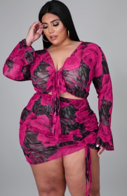 Autumn Plus Size Floral Purple Knotted Crop Top and Ruched Mini Skirt Set