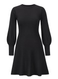Fall Elegant Black Knit Skater Dress with Puff Sleeves