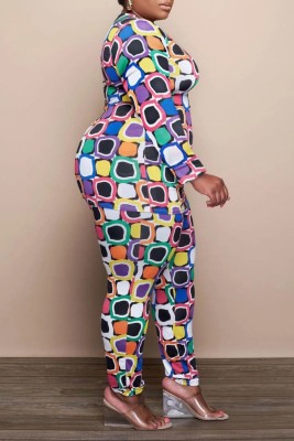 Fall Plus Size Print Fitted Shirt and Pants Set