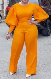 Fall Elegant Puff Sleeve Formal Orange Jumpsuit