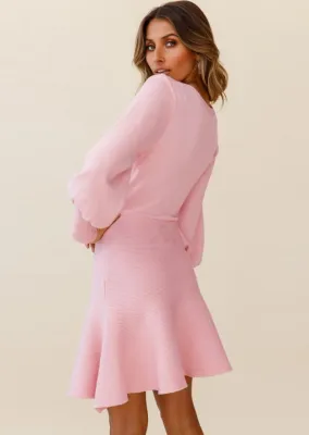Fall Elegant Pink Knit Skater Dress with Puff Sleeves