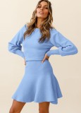 Fall Elegant Blue Knit Skater Dress with Puff Sleeves