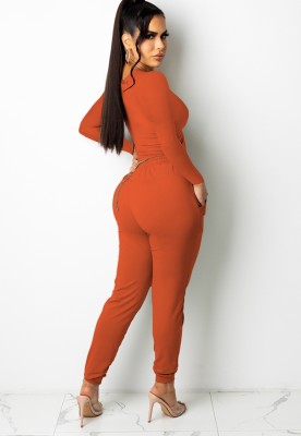 Fall Orange Fit Sexy Ruched Crop Top and Pants Set