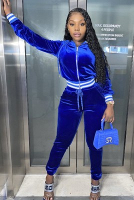 Fall Blue Velvet Hoodie Top and Pants Tracksuit