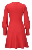 Fall Elegant Red Knit Skater Dress with Puff Sleeves