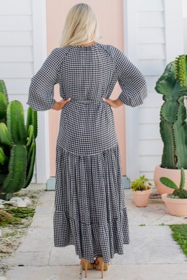 Fall Elegant Plaid Print V-Neck Long Maxi Dress