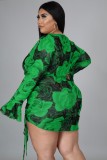 Autumn Plus Size Floral Green Knotted Crop Top and Ruched Mini Skirt Set