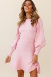 Fall Elegant Pink Knit Skater Dress with Puff Sleeves