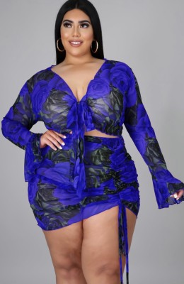Autumn Plus Size Floral Blue Knotted Crop Top and Ruched Mini Skirt Set