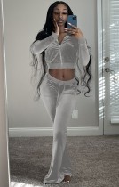 Fall Casual Grey Crop Top and Pants 2 Piece Velvet Tracksuit