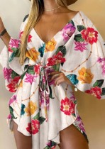 Fall Casual V-Neck Irregular Floral Dress with Wide Sleeves