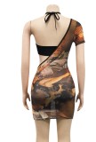 Summer Party Print Cut Out Halter Bodycon Dress with Single Sleeve
