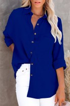 Fall Casual Blue Long Blouse with Pocket