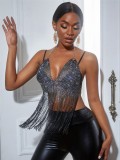 Fall Sexy Black Beaded Fringe Party Top