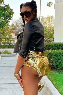 Fall Party Sexy Gold Leather High Waist Ruffle Shorts