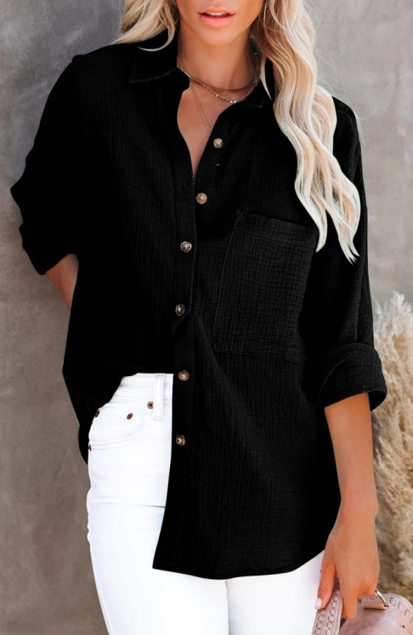 Fall Casual Black Long Blouse with Pocket
