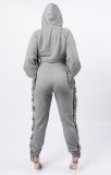 Fall Casual Grey Fringe Hoodie Crop Top and Pants Set