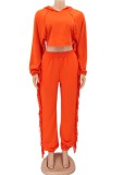 Fall Casual Orange Fringe Hoodie Crop Top and Pants Set
