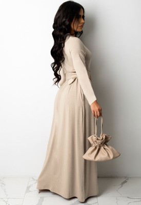 Fall Casual Khaki V-Neck Long Maxi Dress