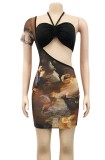Summer Party Print Cut Out Halter Bodycon Dress with Single Sleeve