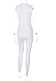 Summer White Sleeveless Front Zipped Fitted Basic Jumpsuit