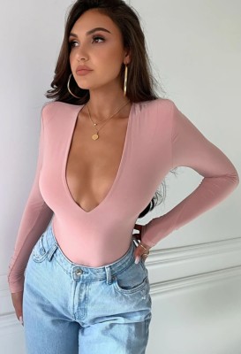 Fall Elegant Pink Deep-V Sexy Long Sleeve Bodysuit