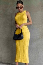 Fall Elegant Sleeveless Yellow Knitting Midi Dress
