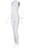 Summer White Sleeveless Front Zipped Fitted Basic Jumpsuit