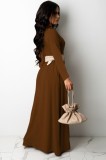 Fall Casual Brown V-Neck Long Maxi Dress