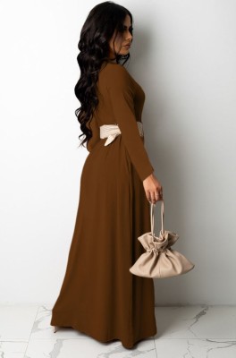 Fall Casual Brown V-Neck Long Maxi Dress