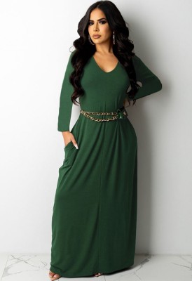 Fall Casual Green V-Neck Long Maxi Dress