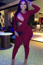 Fall Red Sexy Cut Out Long Sleeve Fitted Jumpsuit