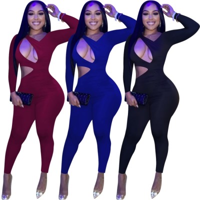 Fall Red Sexy Cut Out Long Sleeve Fitted Jumpsuit
