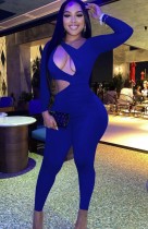Fall Blue Sexy Cut Out Long Sleeve Fitted Jumpsuit