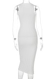 Fall Elegant Sleeveless White Knitting Midi Dress