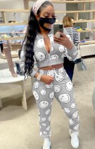 Fall Fashion Smile Print Crop Top and Pants Jogger Tracksuit
