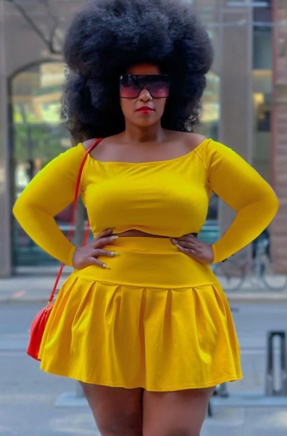 Fall Plus Size Yellow Crop Top and Pleated Skirt Set