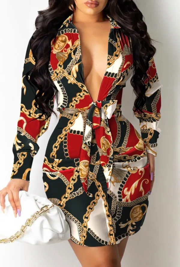 Fall Party Print Deep-V Knotted Bodycon Dress