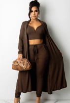 Fall Brown Knit Crop Top and Pants with Matching Cardigans 3 Piece Set