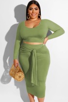 Fall Plus Size Green Crop Top and Midi Skirt Set