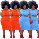 Summer Plus Size Orange Crop Top and Midi Skirt Set