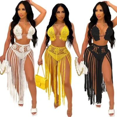 Summer Black Crochet 2 Piece Fringe Beach Cover-Ups Set