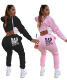 Fall Print Pink Hoodie Crop Top and Pants Jogger Sweatsuit