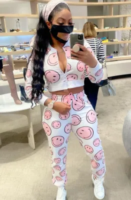 Fall Fashion Smile Print Crop Top and Pants Jogger Tracksuit