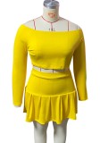 Fall Plus Size Yellow Crop Top and Pleated Skirt Set